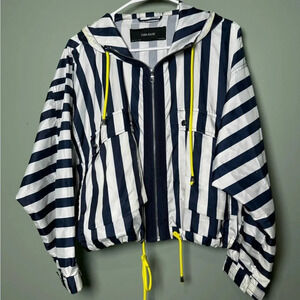 Zara Basics Women’s Striped Jacket w/ Neon‎ Drawstrings Size Small Navy/White
